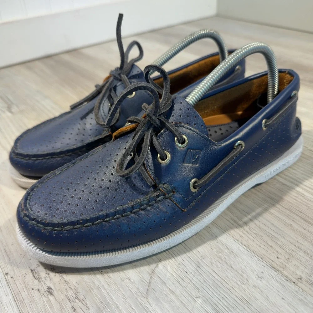 Sperry Top-Sider Original Leather Boat Shoes Mens 9M Blue Perforated STS23924